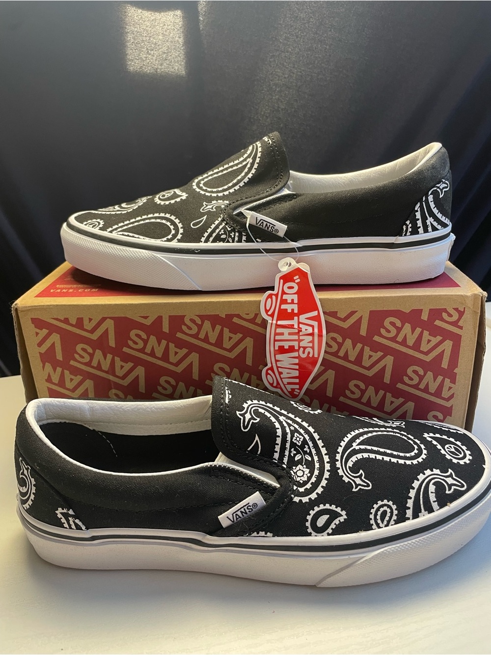 Woman’sVans Slip-On Sneakers in Black and White Paisley